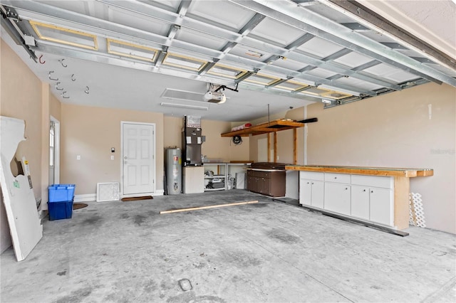 garage with water heater, a garage door opener, and heating unit