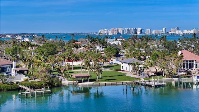 view of water feature with a city view and a boat dock