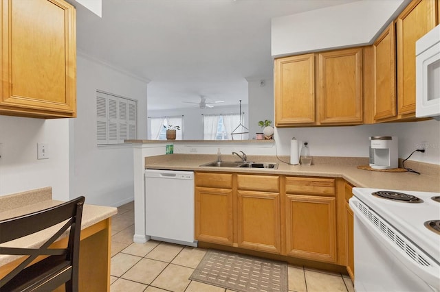 kitchen featuring ceiling fan, a peninsula, white appliances, a sink, and light countertops