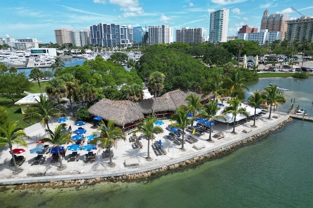 aerial view with a water view and a city view