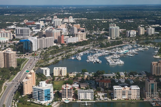 bird's eye view with a water view and a view of city