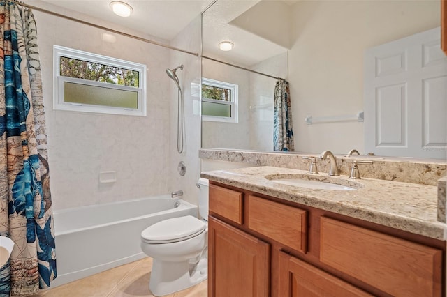 full bath featuring shower / bath combo with shower curtain, vanity, toilet, and tile patterned floors