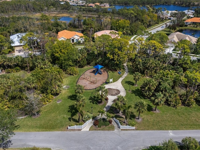 drone / aerial view featuring a water view