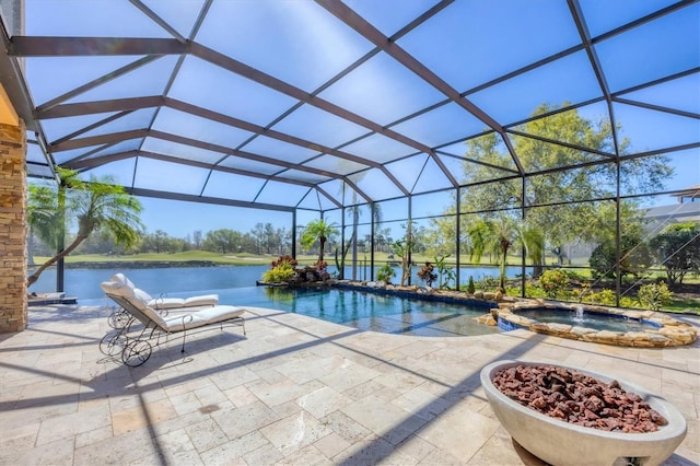 view of swimming pool featuring a patio, a lanai, and a water view