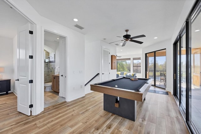 rec room featuring visible vents, recessed lighting, light wood-type flooring, and billiards