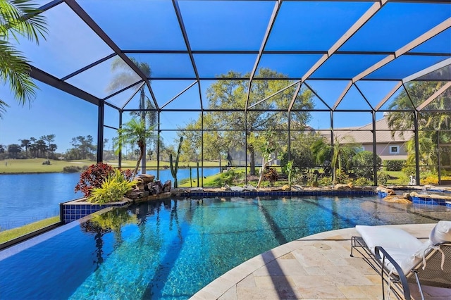 outdoor pool featuring a patio, a lanai, and a water view