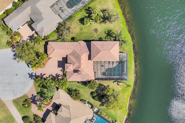 drone / aerial view featuring a water view