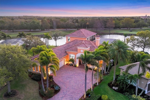 aerial view with a water view