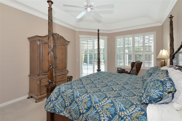 bedroom with access to exterior, crown molding, baseboards, ceiling fan, and light colored carpet