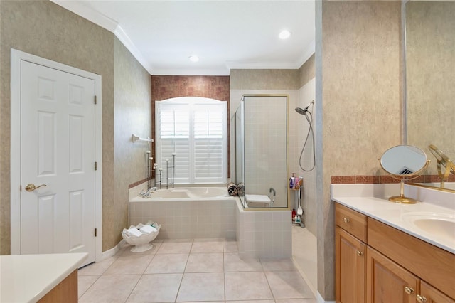 full bath with vanity, tiled shower, ornamental molding, tile patterned flooring, and a garden tub