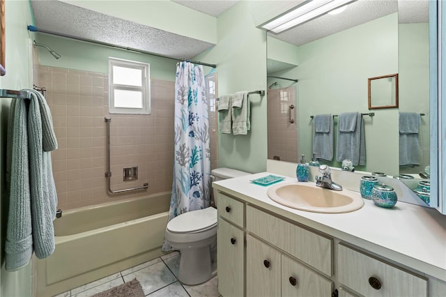 full bathroom with toilet, vanity, tile patterned floors, shower / bath combination with curtain, and a textured ceiling