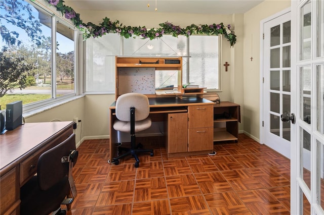 office area featuring french doors and baseboards