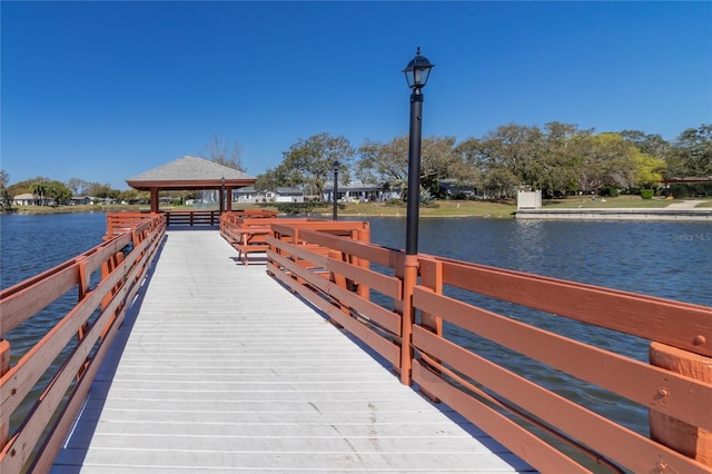 dock area featuring a water view and a gazebo