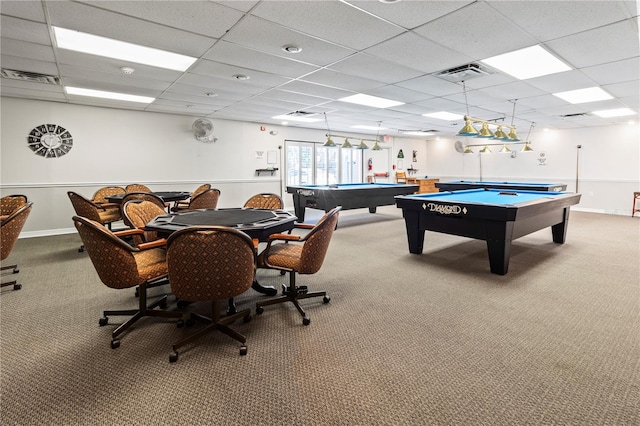 rec room with pool table, a drop ceiling, carpet, and visible vents