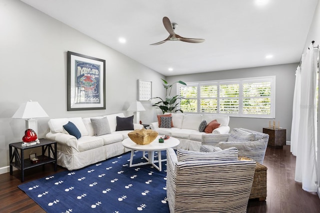 living room featuring ceiling fan, recessed lighting, vaulted ceiling, and wood finished floors