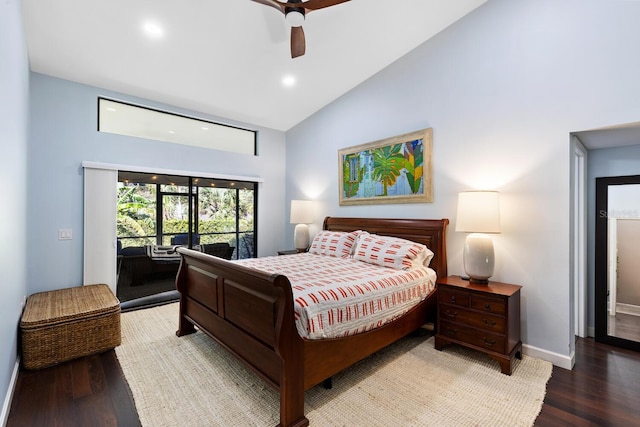 bedroom featuring baseboards, a ceiling fan, wood finished floors, access to exterior, and high vaulted ceiling