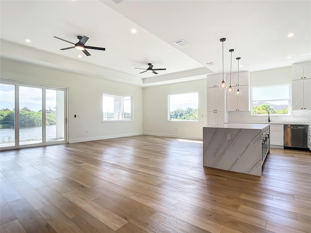 kitchen featuring open floor plan, stainless steel dishwasher, light wood finished floors, plenty of natural light, and a raised ceiling