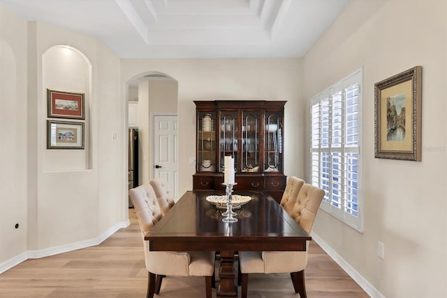 dining room with baseboards, a healthy amount of sunlight, and light wood finished floors