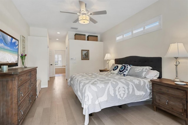 bedroom with light wood-type flooring, visible vents, a ceiling fan, and recessed lighting