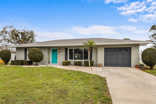 single story home featuring a garage, a shingled roof, concrete driveway, a front yard, and stucco siding