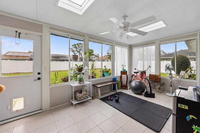 sunroom with a skylight and a ceiling fan