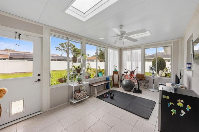 sunroom / solarium with a skylight and ceiling fan