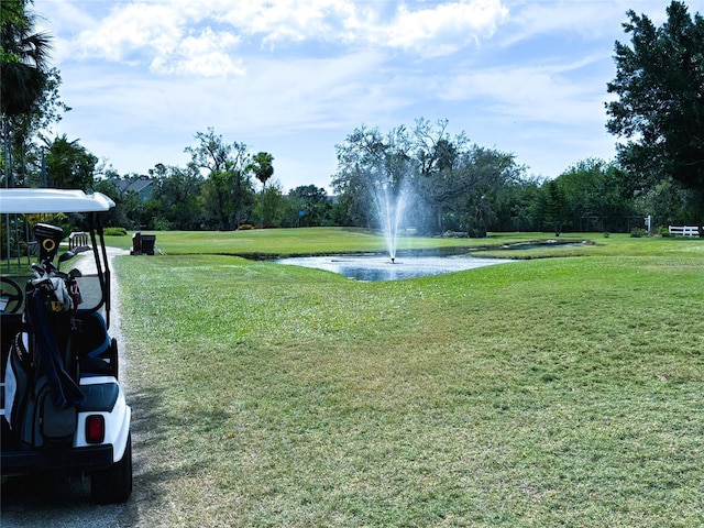 view of home's community with a water view and a lawn