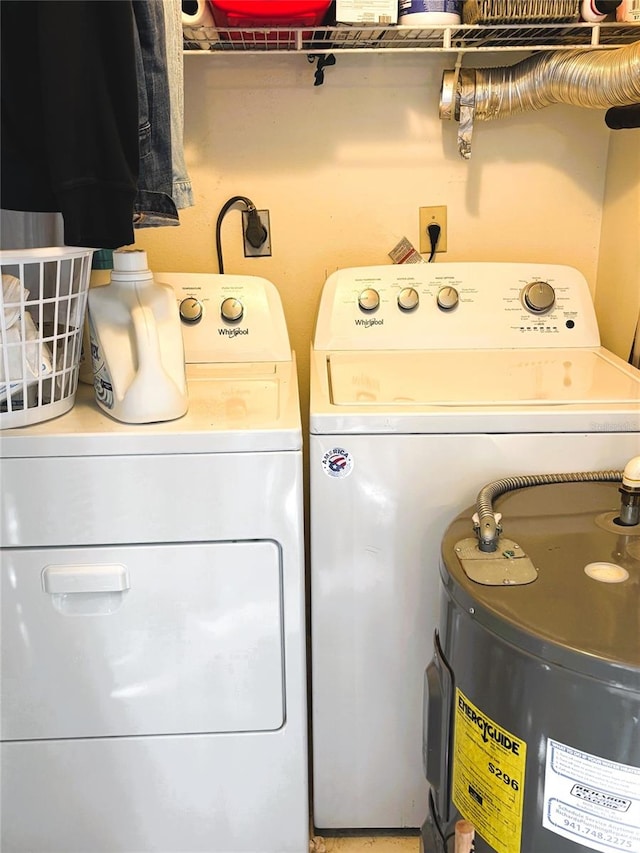 laundry room featuring laundry area, washer and clothes dryer, and electric water heater