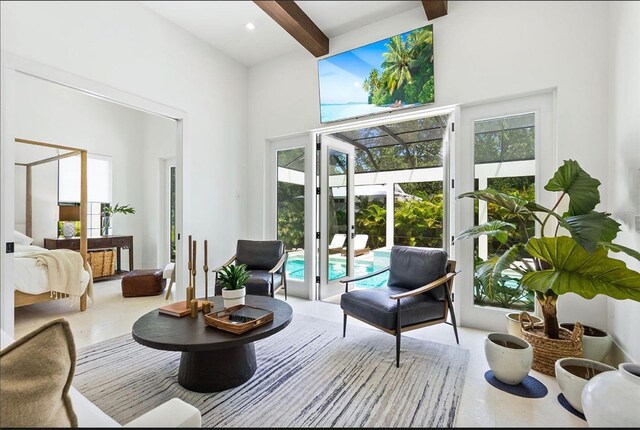 sunroom / solarium with french doors and beamed ceiling