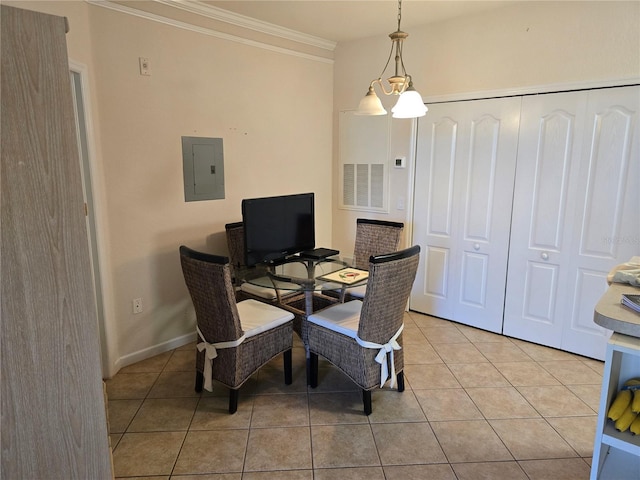 dining space with ornamental molding, electric panel, baseboards, and light tile patterned floors