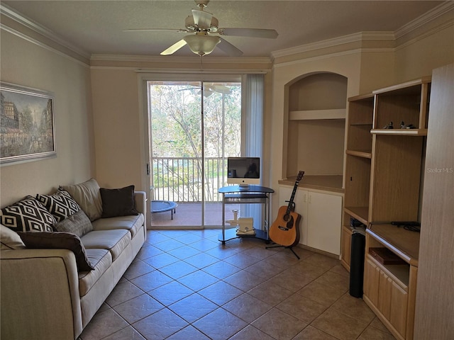 living area with light tile patterned floors, ceiling fan, built in features, and crown molding