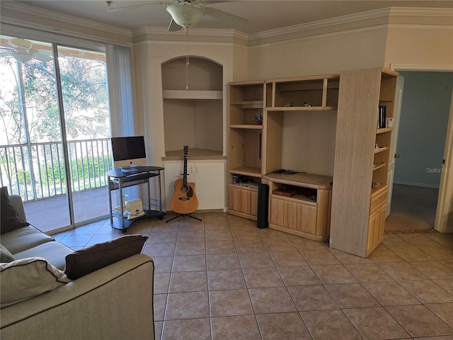 living room with a ceiling fan, crown molding, built in shelves, and light tile patterned floors