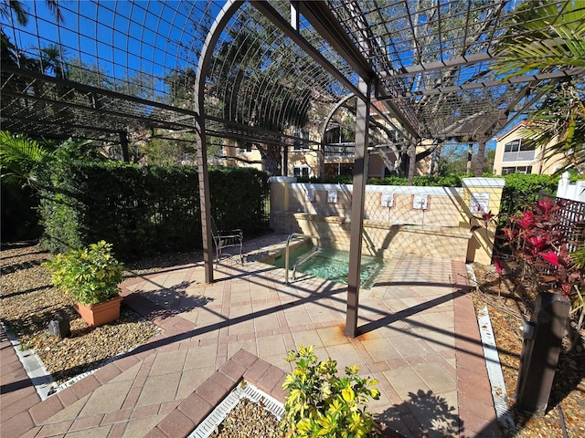 view of swimming pool featuring fence, a pergola, and a patio