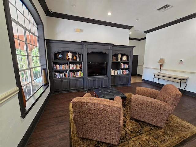 living room with visible vents, dark wood finished floors, baseboards, ornamental molding, and recessed lighting