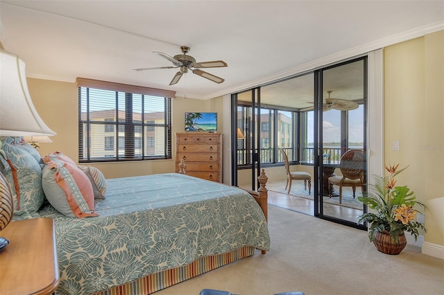 8779 Midnight Pass Rd Unit 406H, Sarasota, FL 34242 - bedroom with access to outside, carpet, crown molding, a ceiling fan, and baseboards
