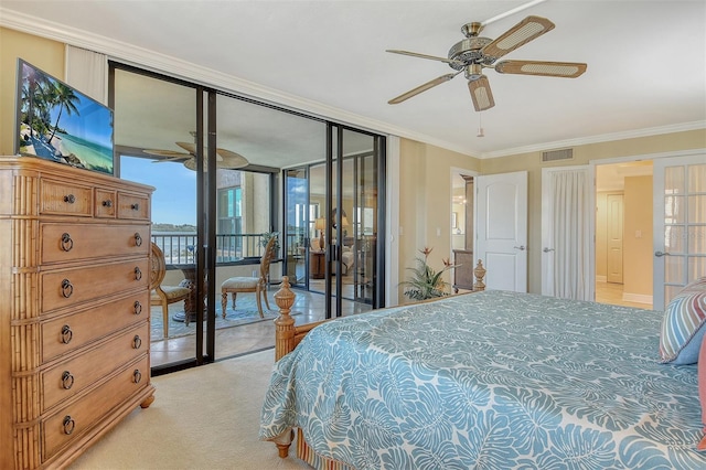 8779 Midnight Pass Rd Unit 406H, Sarasota, FL 34242 - bedroom featuring access to exterior, light carpet, ornamental molding, and floor to ceiling windows