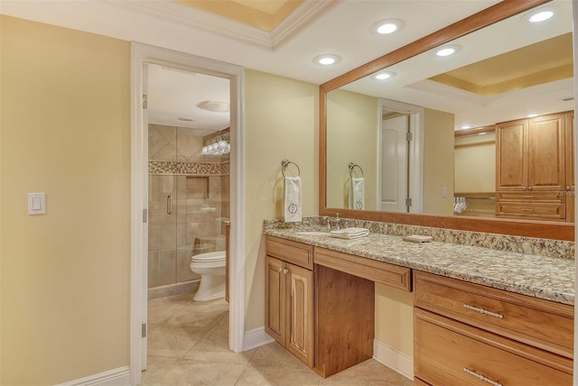 8779 Midnight Pass Rd Unit 406H, Sarasota, FL 34242 - bathroom featuring toilet, a tray ceiling, a stall shower, vanity, and tile patterned floors