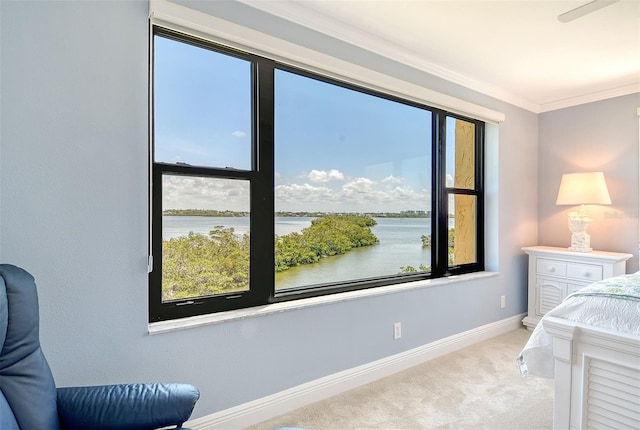 8779 Midnight Pass Rd Unit 406H, Sarasota, FL 34242 - carpeted bedroom with a water view, baseboards, and crown molding