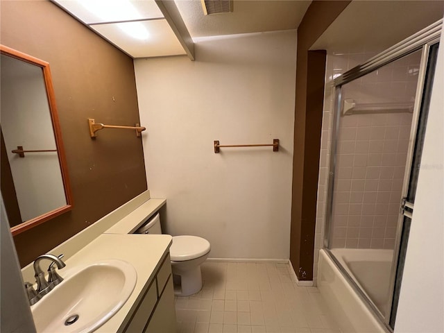 full bath featuring baseboards, visible vents, toilet, tile patterned floors, and vanity