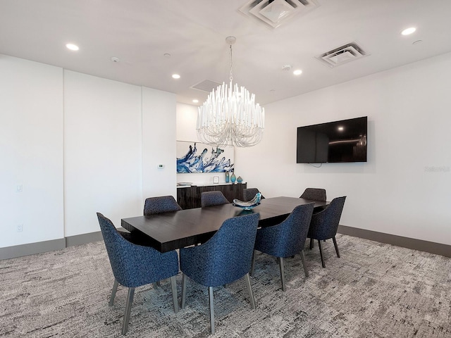 dining room with recessed lighting, visible vents, baseboards, and an inviting chandelier