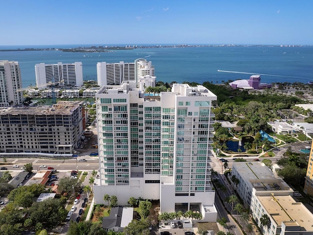 aerial view with a view of city and a water view