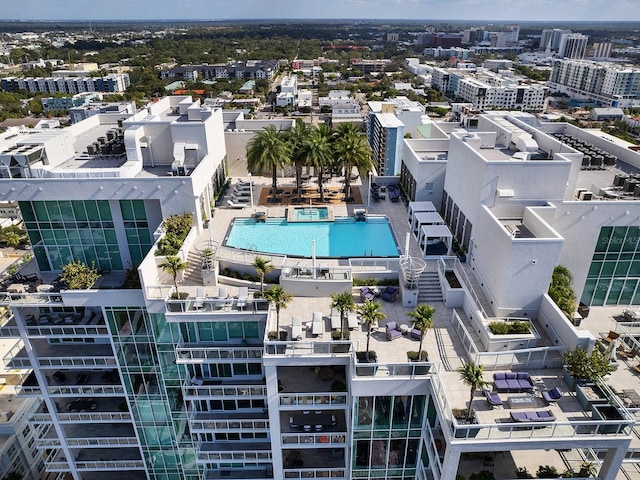 birds eye view of property with a city view