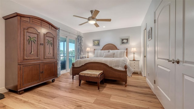 bedroom with ceiling fan, baseboards, light wood-style floors, and access to outside