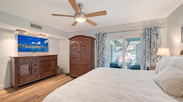 bedroom with visible vents, a ceiling fan, access to outside, light wood finished floors, and baseboards