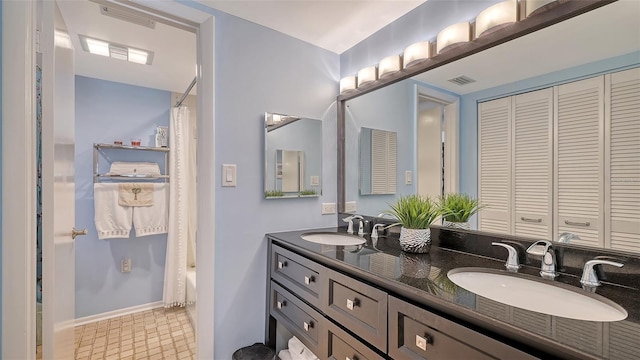 full bath with double vanity, visible vents, shower / tub combo, and a sink