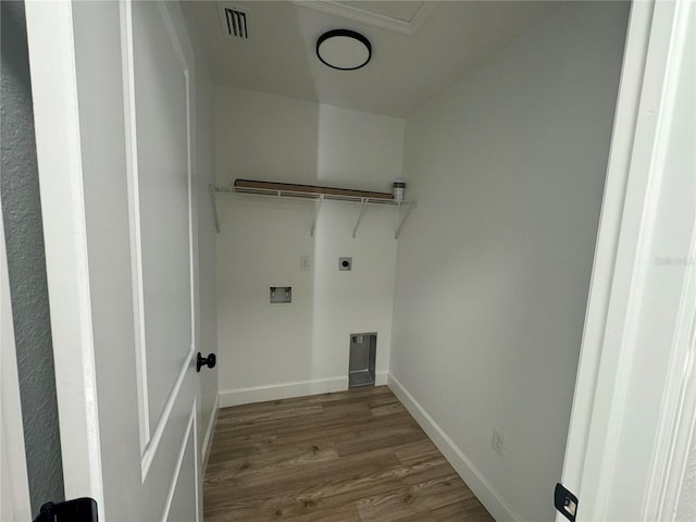 laundry room with laundry area, baseboards, wood finished floors, washer hookup, and electric dryer hookup