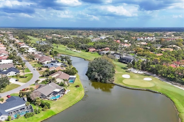 bird's eye view featuring a residential view, view of golf course, and a water view