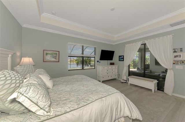 bedroom with crown molding, radiator, a raised ceiling, carpet flooring, and baseboards