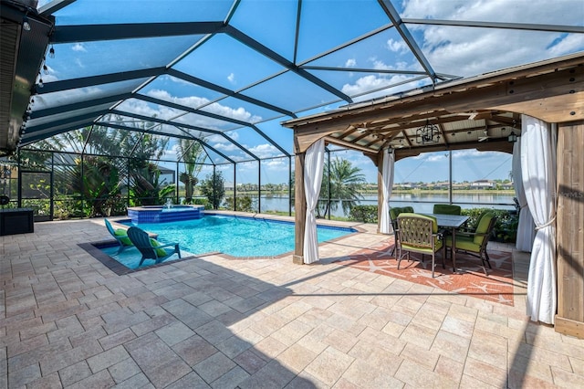 view of swimming pool with a patio, glass enclosure, a water view, a pool with connected hot tub, and a gazebo