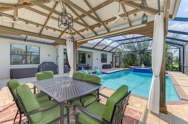 view of pool featuring a gazebo, a patio area, a grill, and a lanai